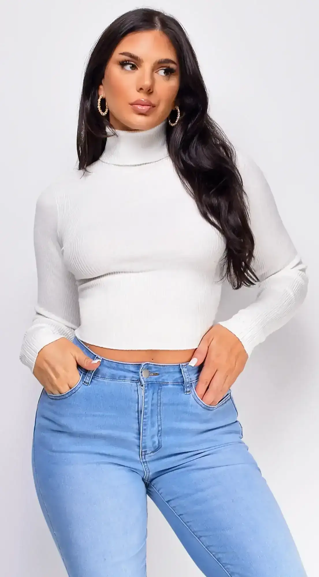 Image of Delaney White Ribbed Turtle Neck Crop Top
