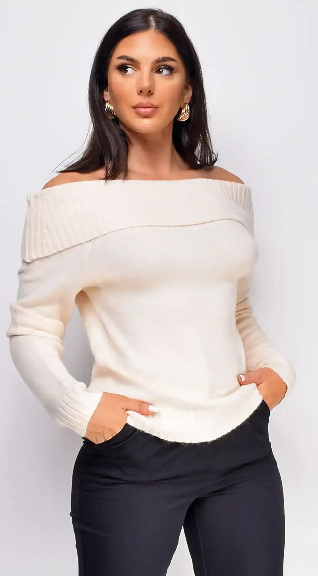 Image of Anavila Cream White Off Shoulder Long Sleeve Sweater Top