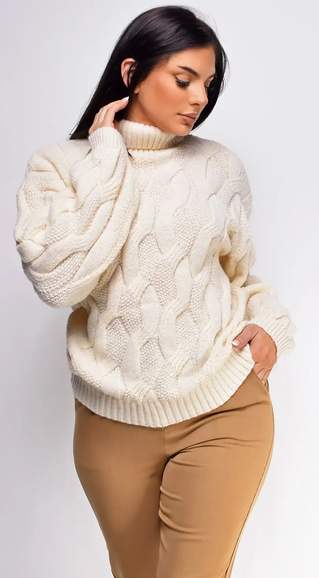 Image of Rowan Ivory White Twisted Cable Turtle Neck Sweater