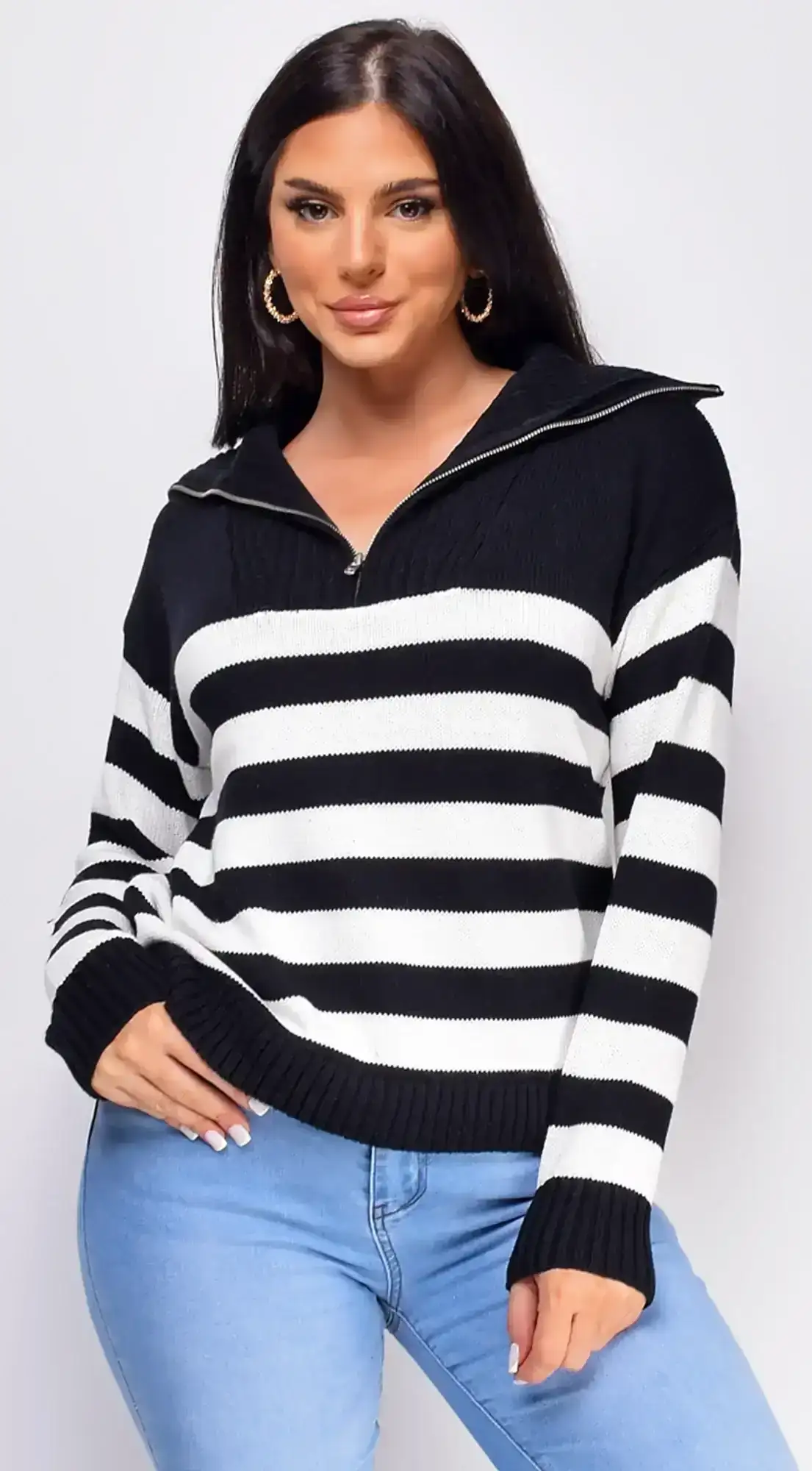 Image of Kamila Black Striped Half Zip Long Sleeve Sweater Top