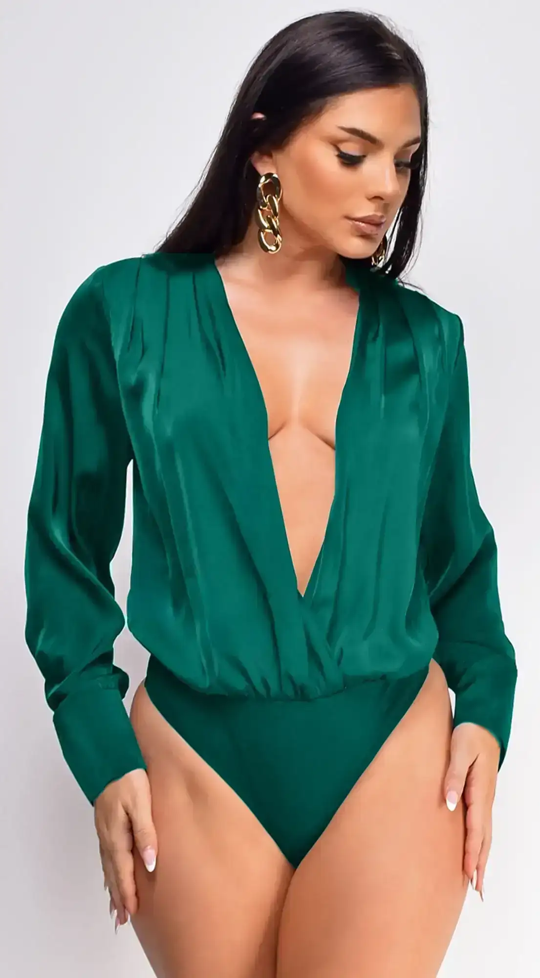 Image of Zana Emerald Green Surplice Pleated V Neck Satin Bodysuit