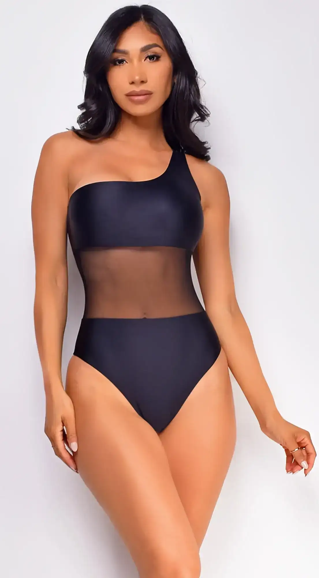 Image of Aruba Black One Shoulder Mesh One Piece Swimsuit
