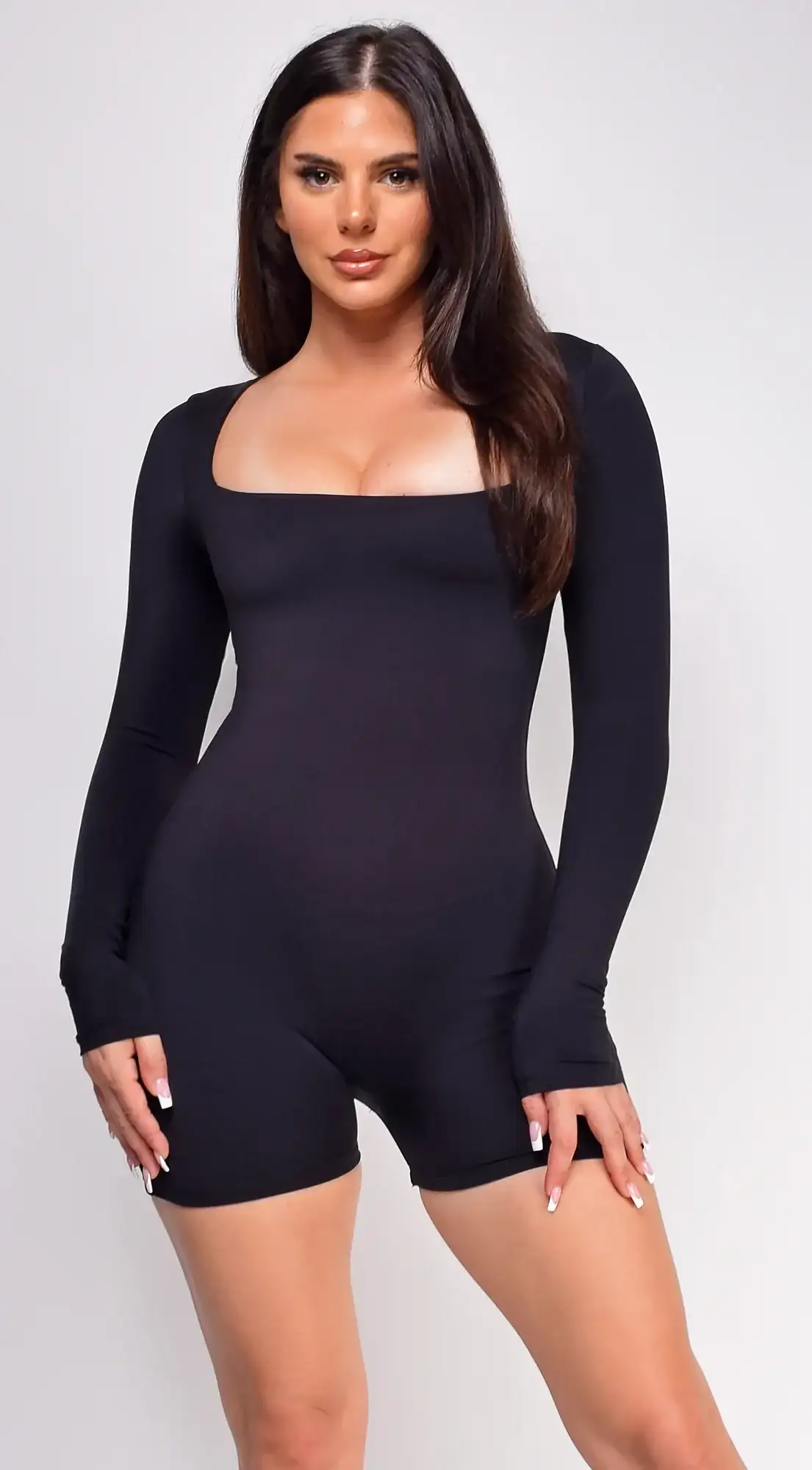 Image of Chicago Black Square Neck Snatched Long Sleeve Romper