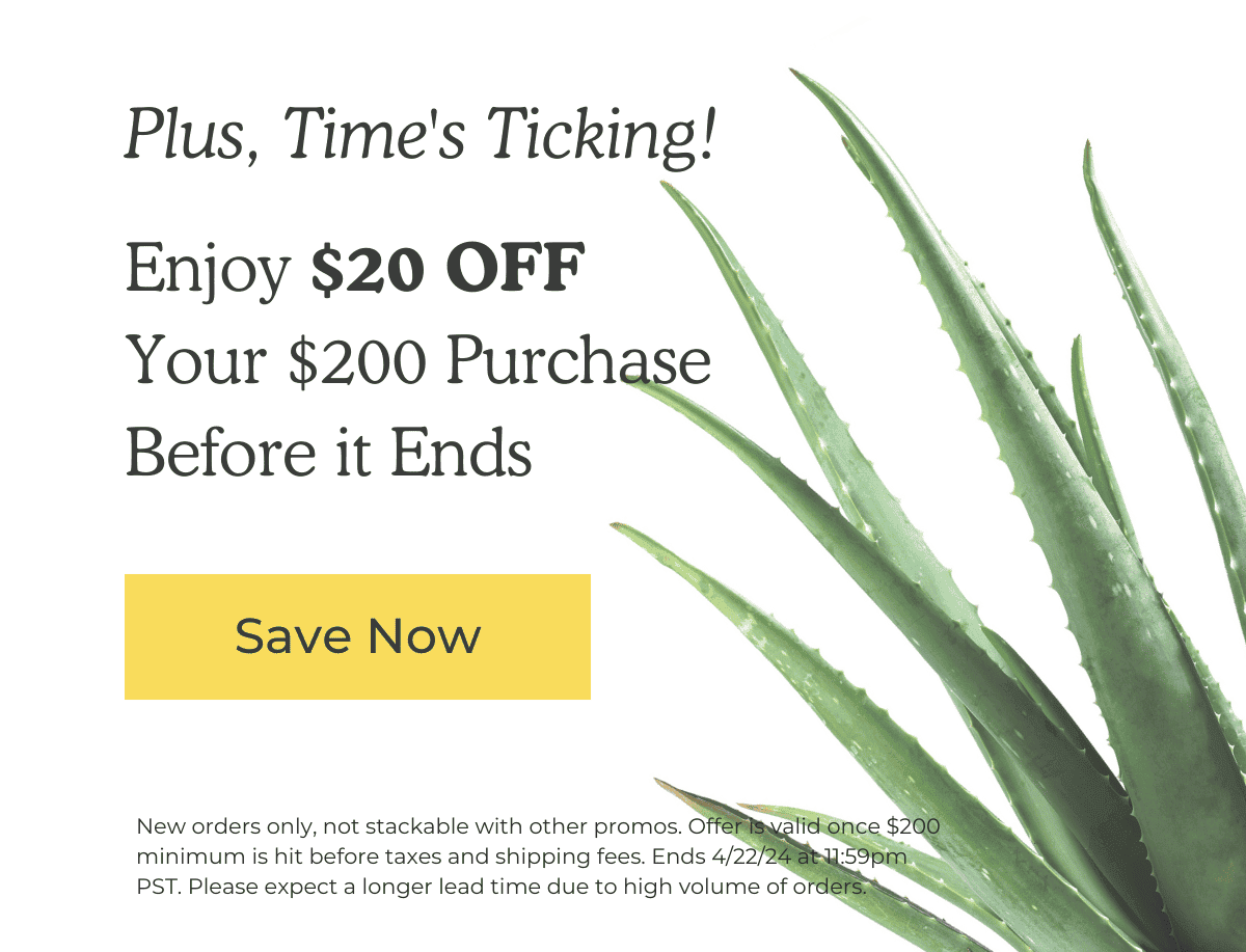 Plus, Time's Ticking! Enjoy \\$20 OFF Your \\$200 Purchase Before it Ends. SAVE NOW *New orders only, not stackable with other promos. Offer is valid once \\$200 minimum is hit before taxes and shipping fees. Ends 4/22/24 at 11:59pm PST. Please expect a longer lead time due to high volume of orders.