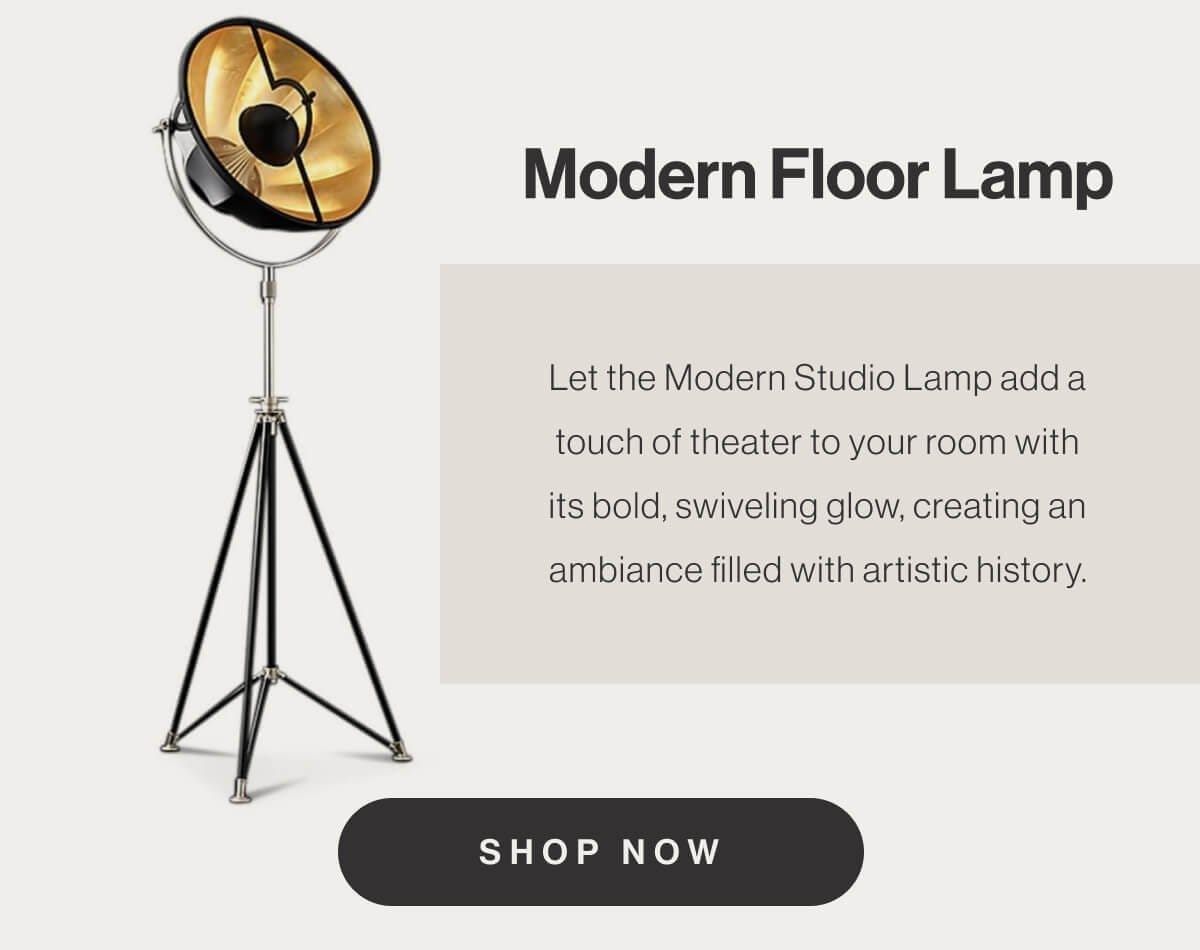Modern Floor Lamp - Let the Modern Studio Lamp add a touch of theater to your room with its bold, swiveling glow, creating an ambiance filled with artistic history. - Shop Now