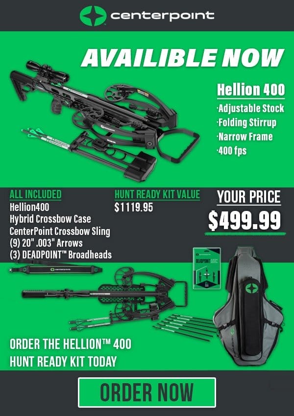 Save massively on the Centerpoint Hellion Hunt Ready Kit when you preorder it through EuroOptic. Save \\$619.96 when you preorder it today at the price of \\$499.99!