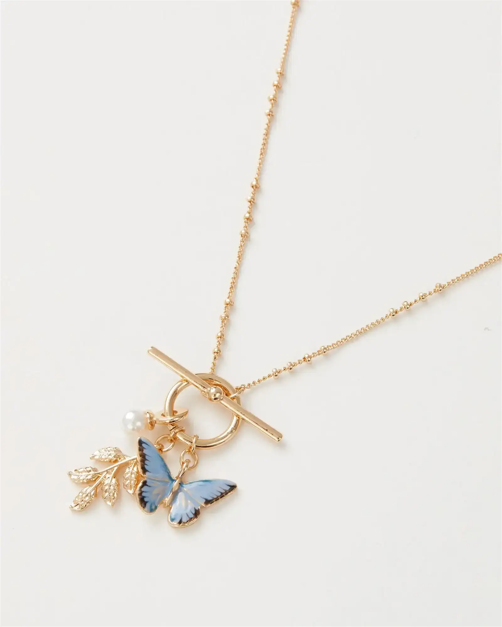Image of Enamel Blue Butterfly & Leaf Charm Necklace