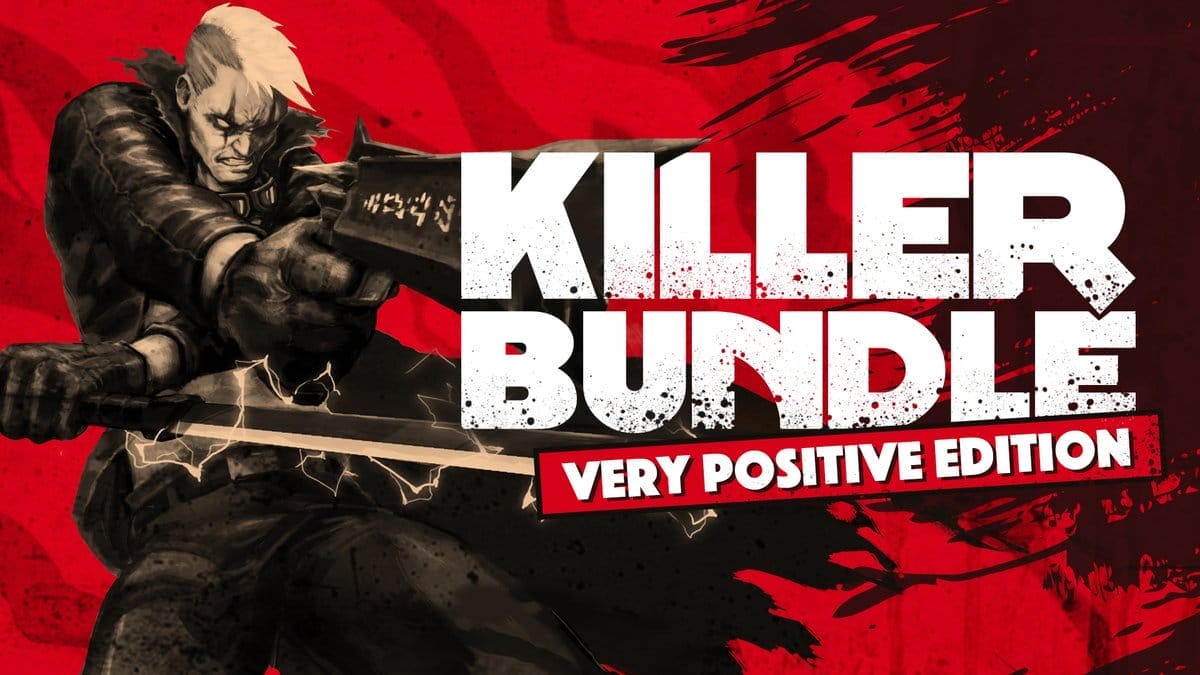''Killer Bundle: Very Positive Edition'' is written on the right hand side of the image. A man with short hair, diamonds painted on his face that reach from his cheeks to his forehead, holding a weapon in each hand.