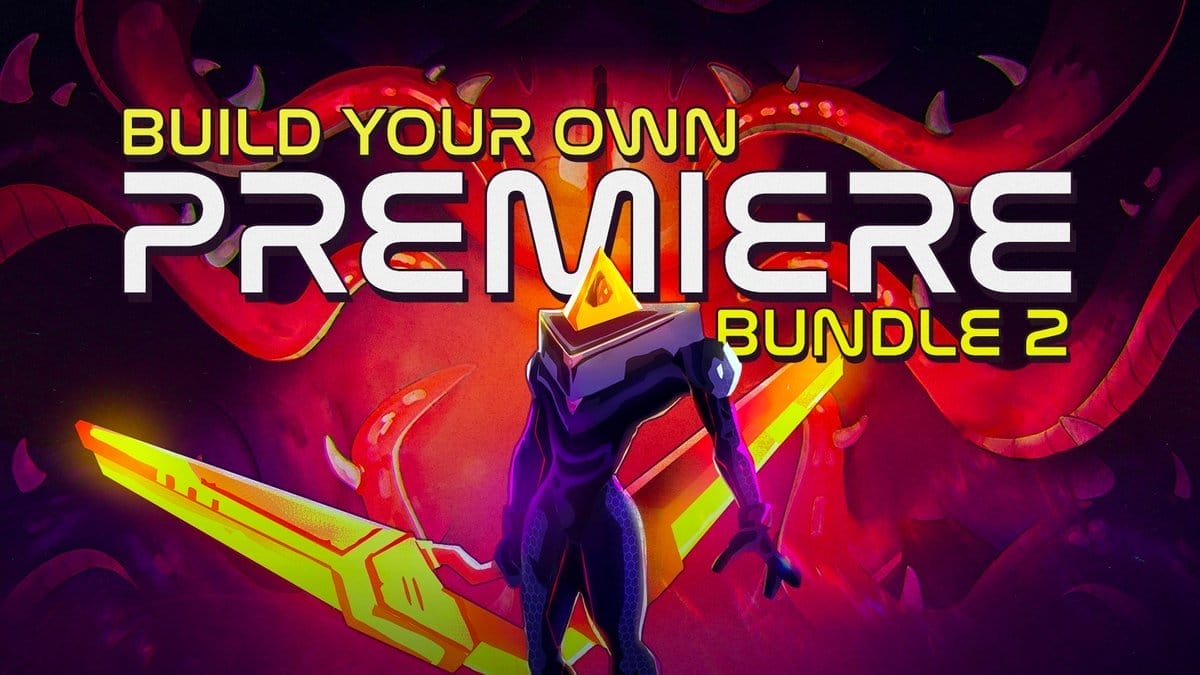 ''Build your own Premiere bundle 2'' is written on the left of the image. On the right is an alien creature with a pyramid for a head. The background is black,s pinks, and reds, with a distant tentacle monster.