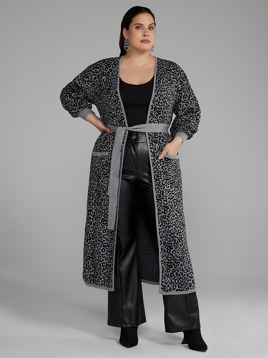 Image of Belted Leopard Print Long Cardigan