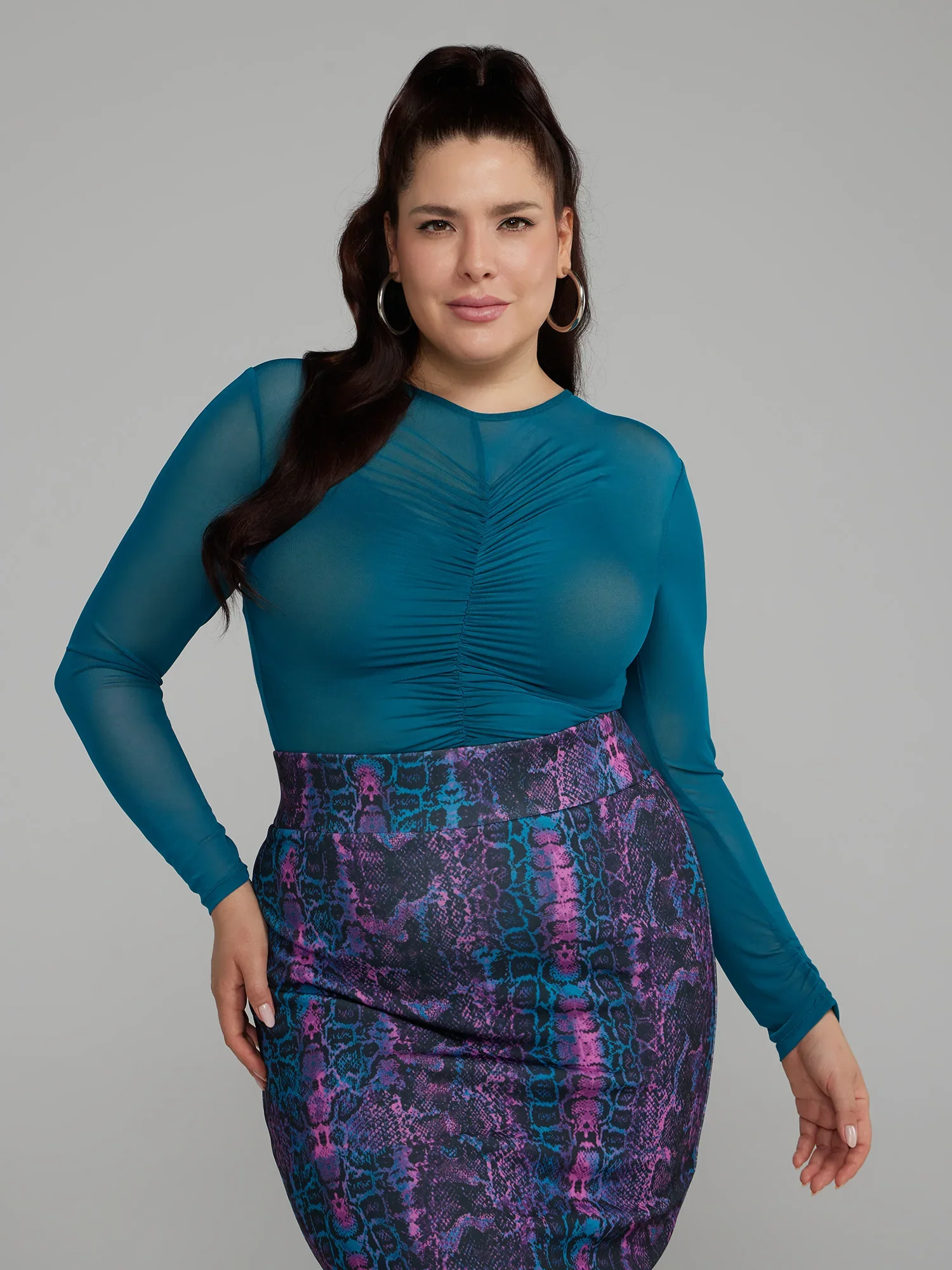 Image of Ruched Mesh Top