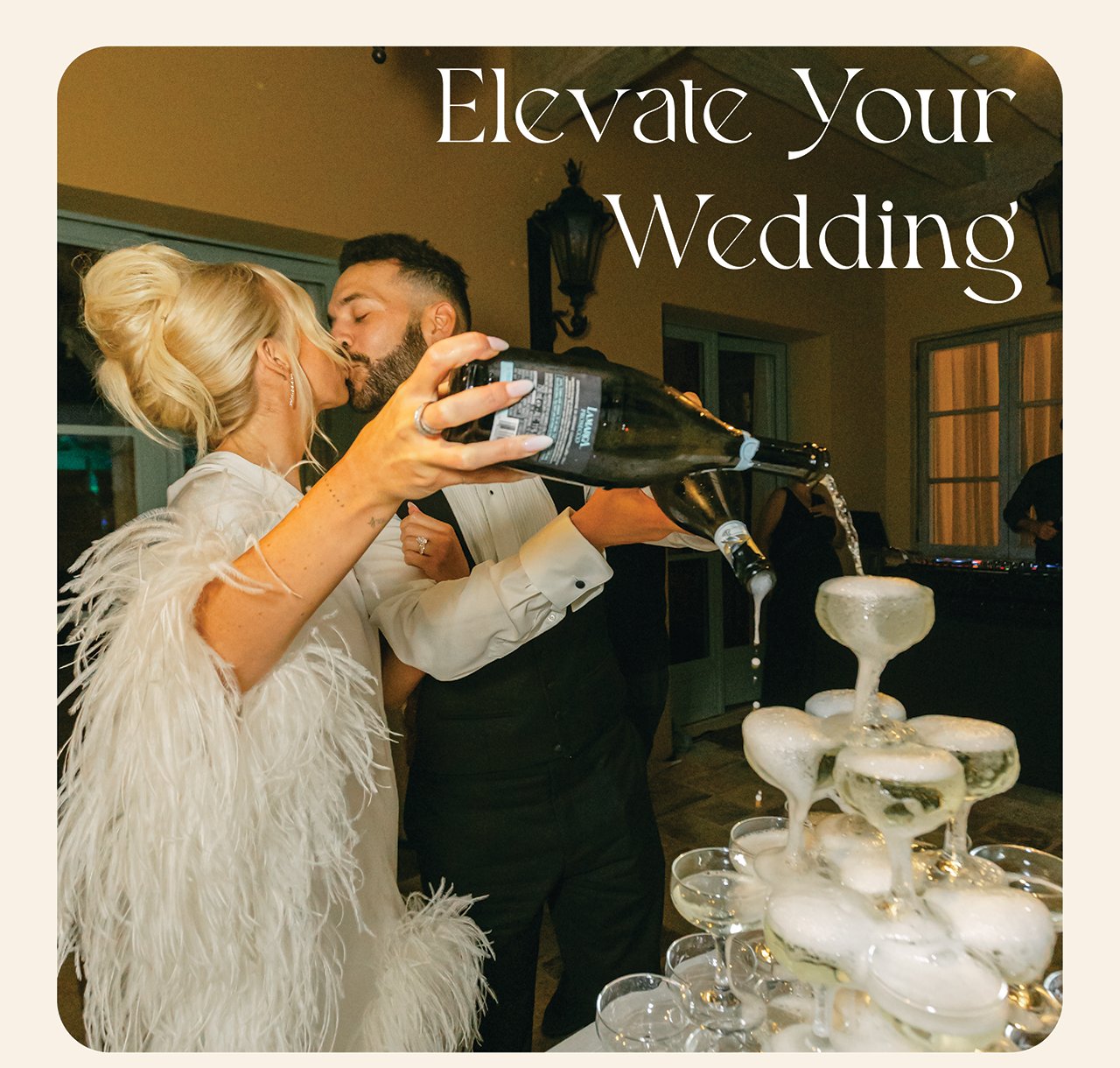 Elevate your wedding, couple kissing while pouring a champagne tower
