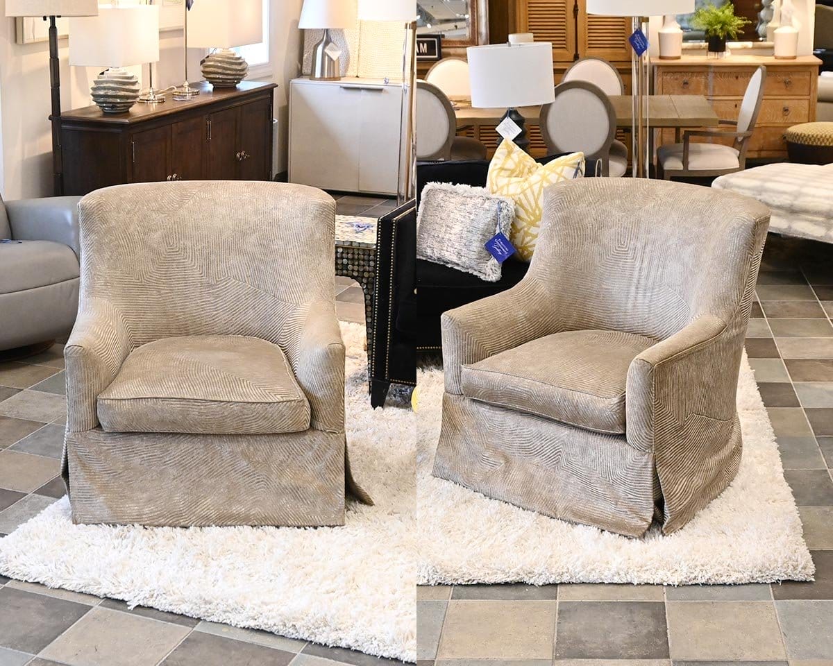  Pair of Gold Wave Pattern Upholstered Swivel Arm Chairs 