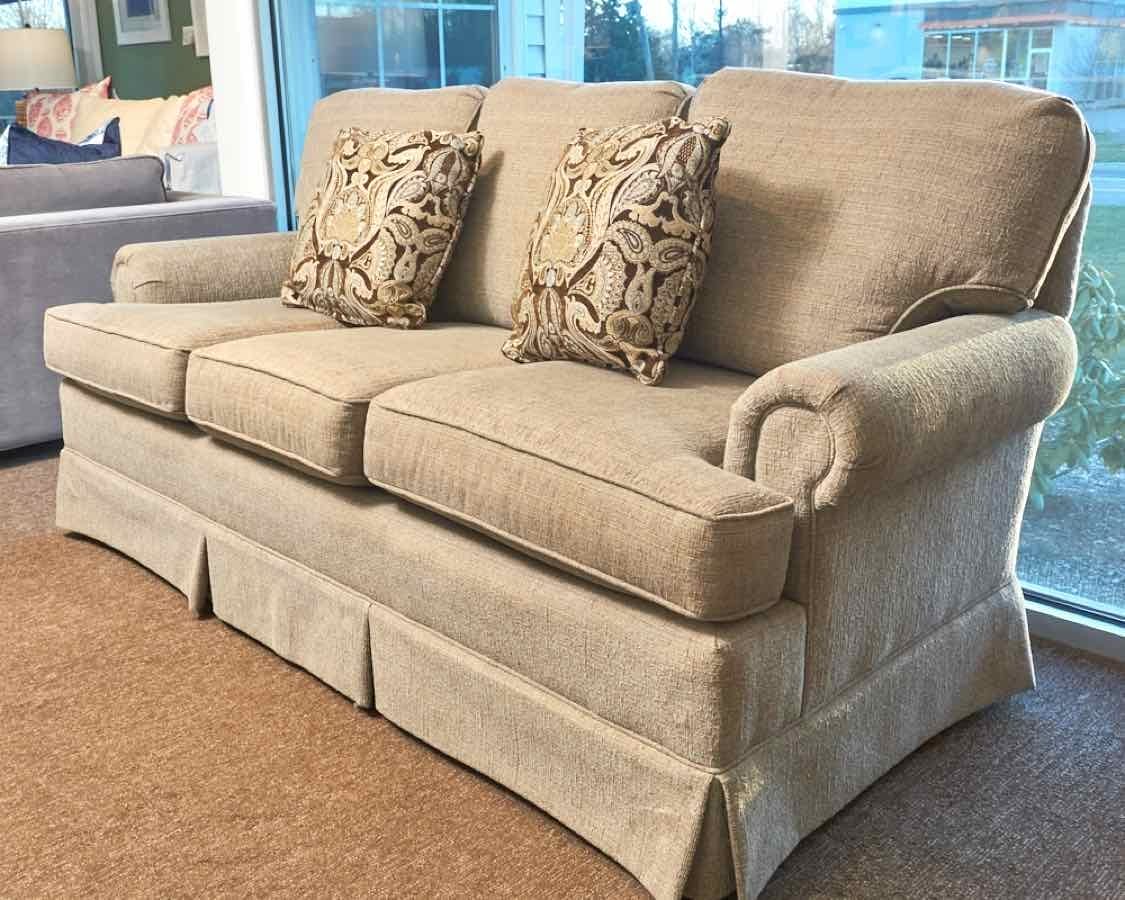 Lake Hickory Taupe 3 Cushion Ladies Sofa Includes 2 Toss Pillows 