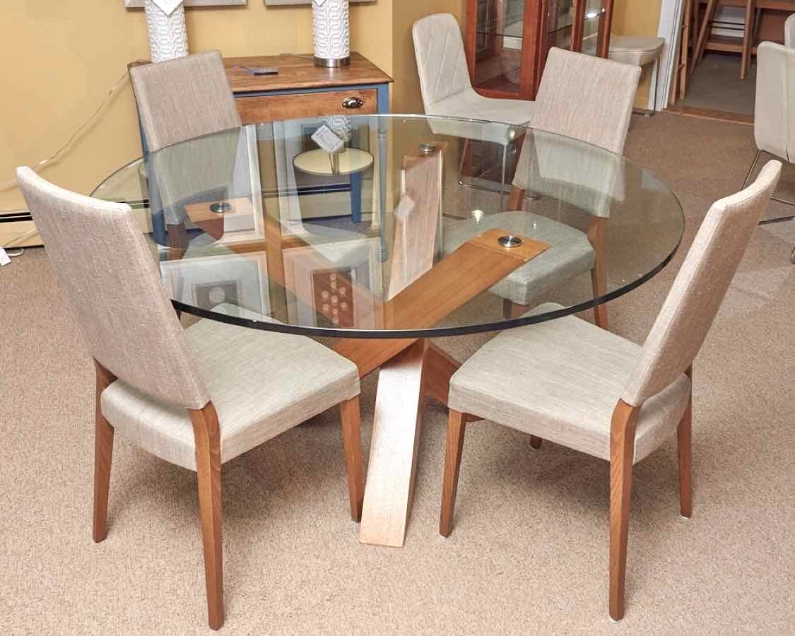  Calligaris Round Glass Top Teak Cross Leg Table & 4 Upholstered Chair Set 
