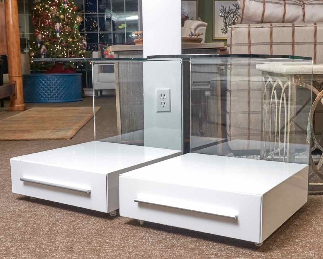  Pair Of Contemporary Glass & White Lacquer 1 Drawer Side Tables 