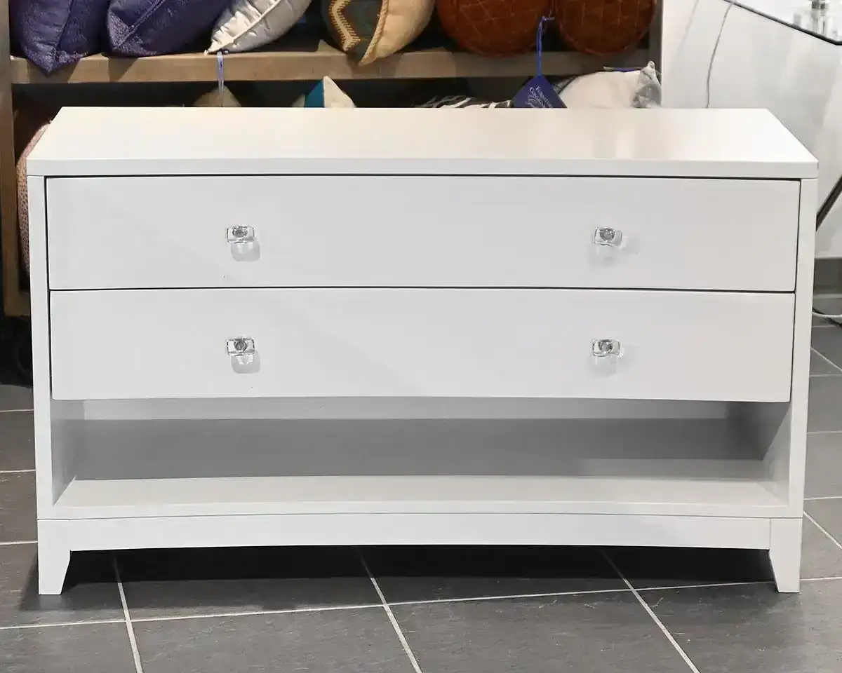  White Lacquer 2 Drawer Chest with Open Storage 