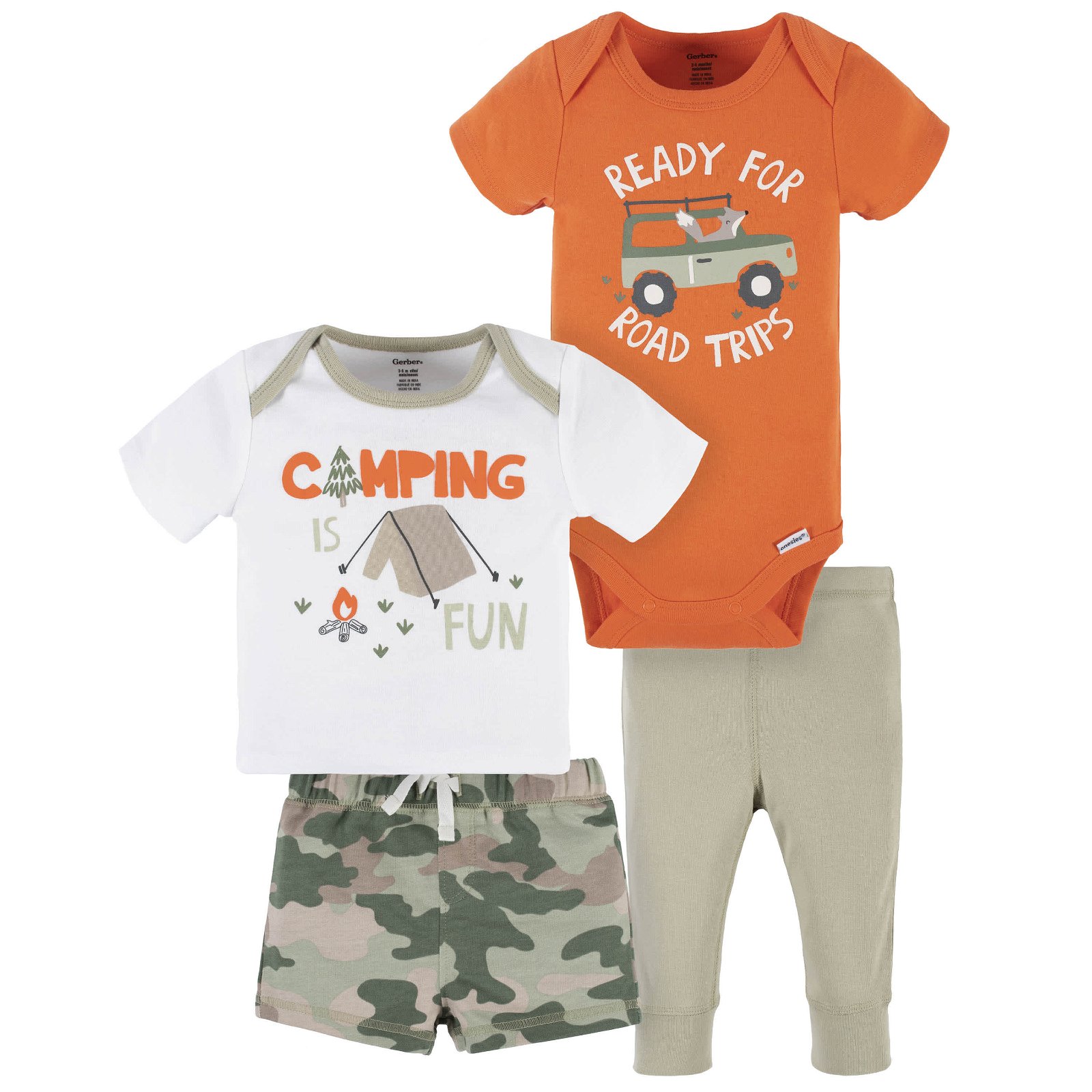 Image of 4-Piece Baby Boys Camping Fun Onesies® Bodysuit, Tee, Shorts & Pant Set