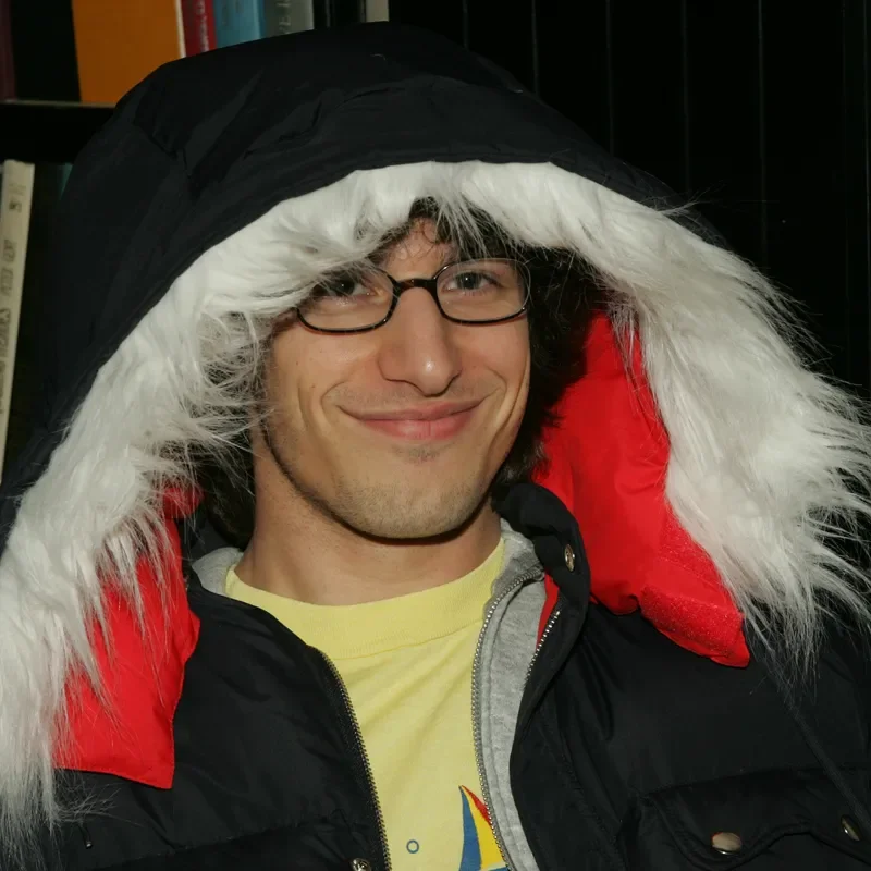 Andy Samberg behind the scenes of SNL, 2005 [Image may contain: Andy Samberg, Clothing, Coat, Jacket, Face, Head, Person, Photography, Portrait, Hood, and Accessories]
