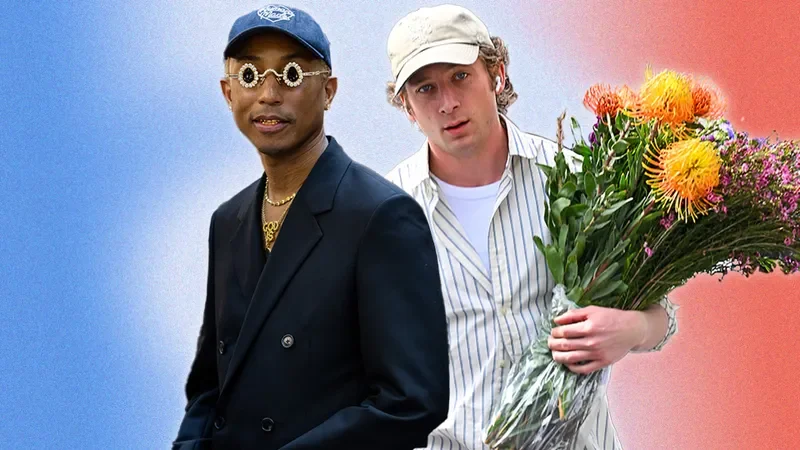 Image may contain: Pharrell Williams, Jeremy Allen White, Flower, Flower Arrangement, Flower Bouquet, Plant, and Baseball Cap
