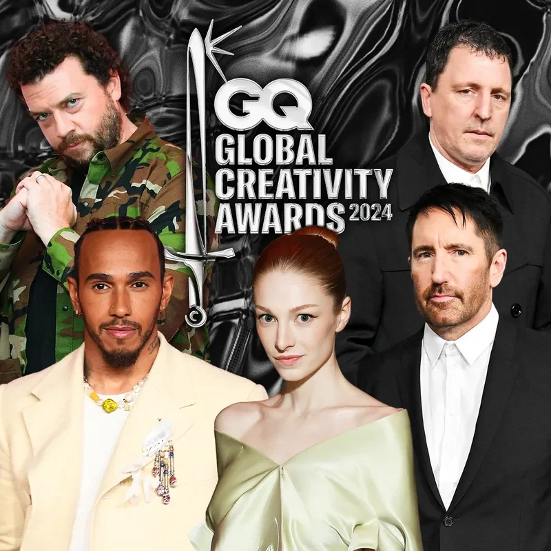 [ GQ Awards ] Collage of the GQ Global Creativity Awards 2024 hosts: Lewis Hamilton, Hunter Schafer, Danny McBride, Trent Reznor, Atticus Ross