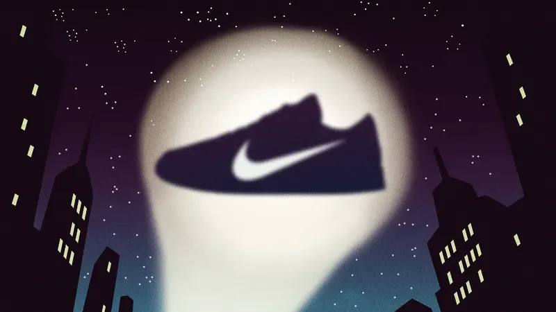 is every batman a sneakerhead? (illustration of a cityscape with a bat signal except instead of the batman logo it's a nike dunk)