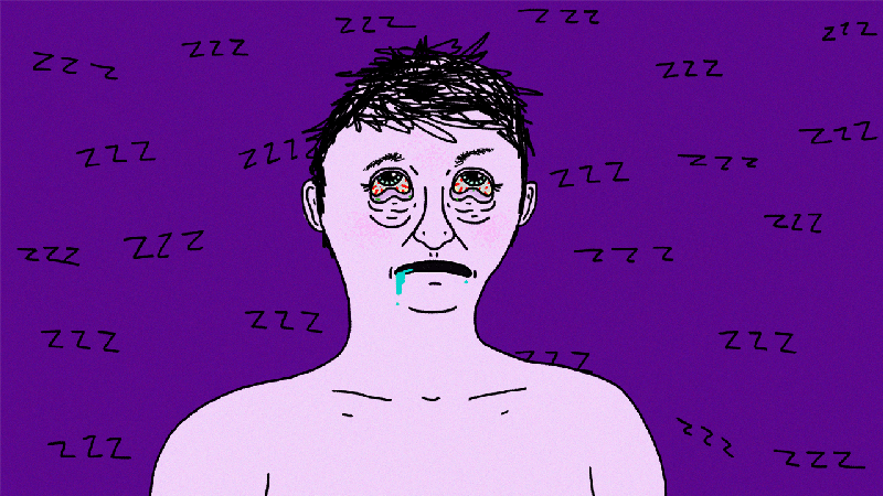 gif of man with blood shot eyes and drool from excess sleep