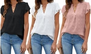 Womens V Neck Short Ruffle Sleeve Shirts Casual Summer Tops Blouse