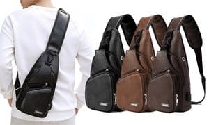 Men's Leather Sling Bag with USB Charging Port Multi-pocket Chest Bag
