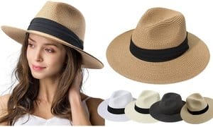 Women Wide Brim Straw Panama Roll up Hat Belt Buckle Fedora Beach Sun Hat UPF50