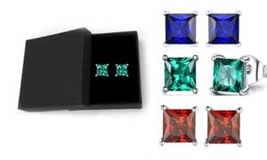 Sterling Silver Emerald, Sapphire, or Ruby Princess Cut Studs - Multiple Options