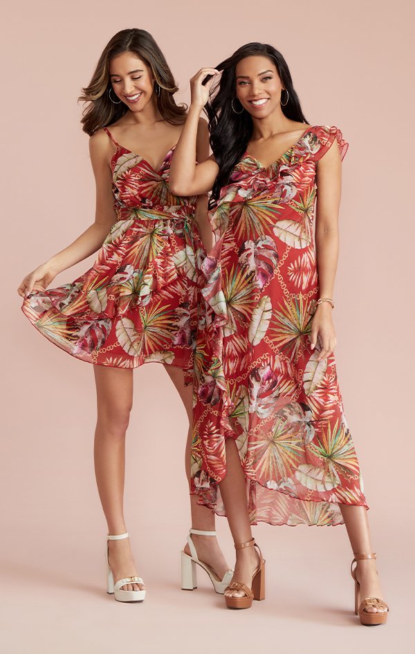 vacation ready tropic printed mini dress and midi dress with heeled sandals