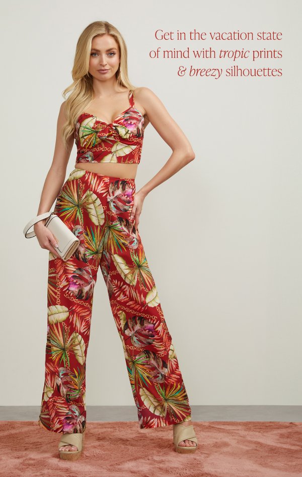 vacation ready tropic printed crop top and breezy wide-leg pants set