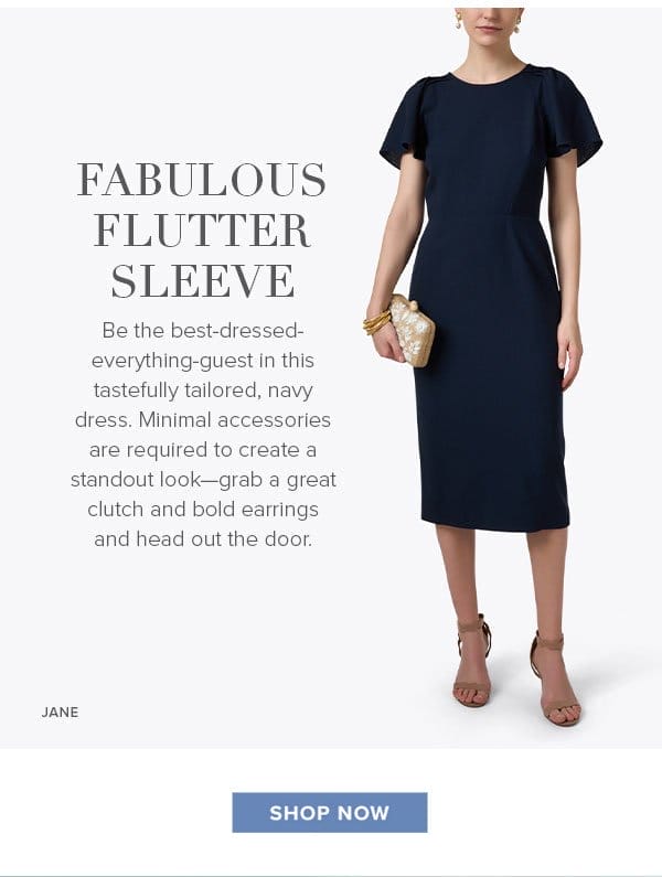 Be the best-dressed-everything-guest in this tastefully tailored, navy dress. Minimal accessories are required to create a standout look—grab a great clutch and bold earrings and head out the door.