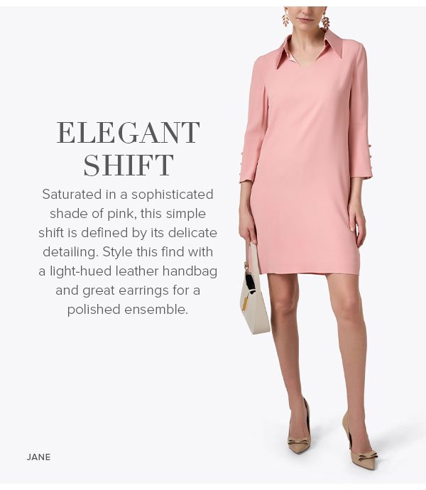 Saturated in a sweet shade of pink, this simple shift is defined by its delicate detailing. Style the find with a light-hued leather handbag and great earrings for a polished ensemble. 