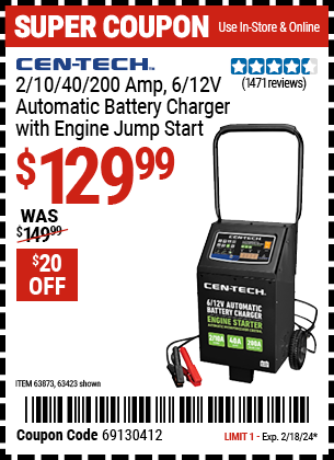 CEN-TECH 2/10/40/200 Amp, 6/12V Automatic Battery Charger with Engine Jump Start