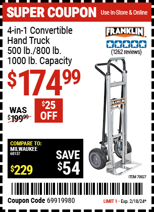 FRANKLIN 4-in-1 Convertible Hand Truck, 500 lb./800 lb./1000 lb. Capacity