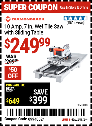 DIAMONDBACK 10 Amp, 7 in. Wet Tile Saw with Sliding Table