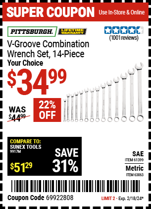 PITTSBURGH V-Groove SAE Combination Wrench Set, 14 Piece