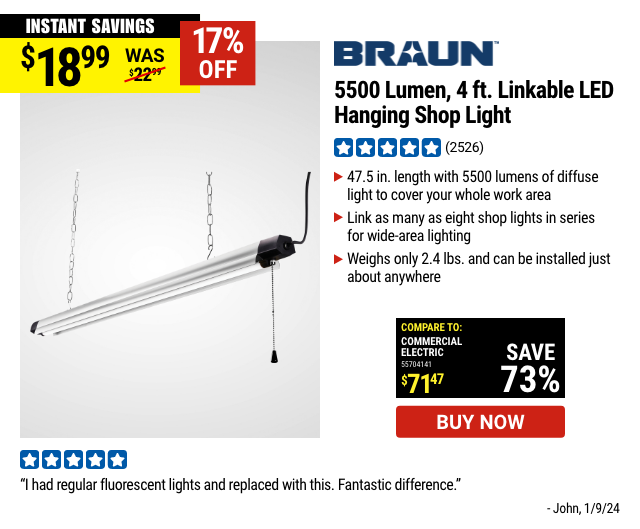 BAUER: 5500 Lumen, 4 ft. Linkable LED Hanging Shop Light
