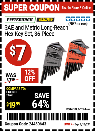 PITTSBURGH: SAE and Metric Long Reach Hex Key Set, 36 Piece