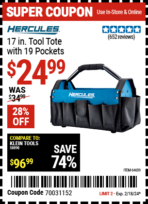 HERCULES: 17 in. Tool Tote with 19 Pockets