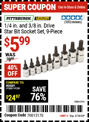 PITTSBURGH: 1/4 in. and 3/8 in. Drive Star Bit Socket Set, 9 Piece