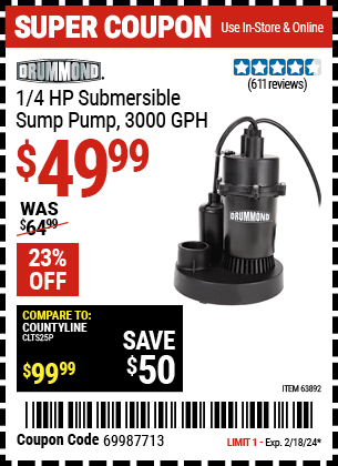 DRUMMOND: 1/4 HP Submersible Sump Pump 3000 GPH