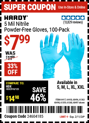 HARDY: 5 mil Nitrile Powder-Free Gloves, 100-Pack, Large, Light Blue - coupon