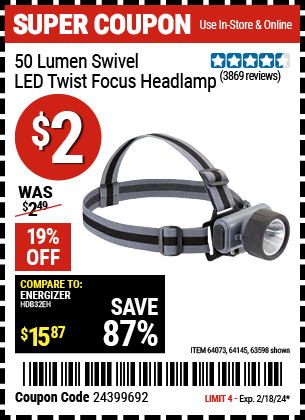 HFT: 50 Lumen Swivel LED Twist Focus Headlamp