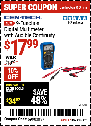 CEN-TECH: 9-Function Digital Multimeter with Audible Continuity