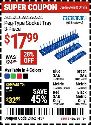 U.S. GENERAL: Peg-Type Metric Socket Tray, 3 Piece - coupon