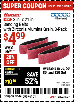 BAUER: 3 in. x 21 in., 50 Grit Sanding Belts with Zirconia Alumina Grain, 3-Pack