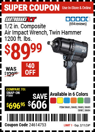 EARTHQUAKE XT: 1/2 in. Composite Air Impact Wrench, Twin Hammer, 1200 ft. lbs. - coupon